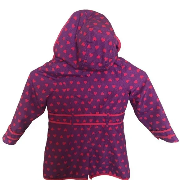 London Fog Hooded Fleece Lined Girls Coat Full Zip Purple with Pink Hearts Sze 5 - Picture 3 of 14